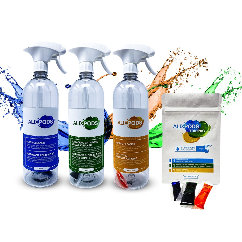 AlixPods TRIOPAC Glass Cleaner + Citrus Cleaner + Non Acid Bathroom Cleaner Starter Kit